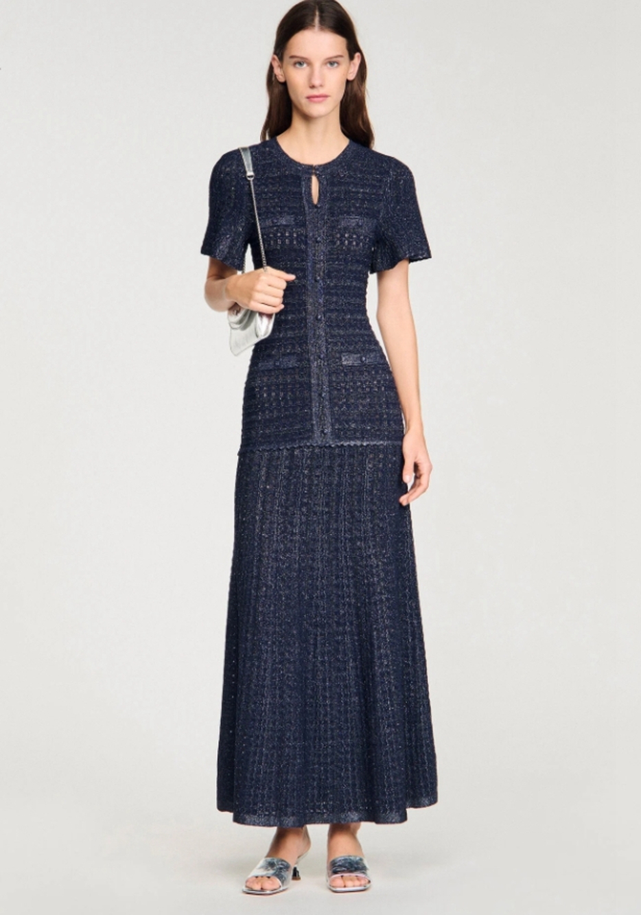 🔵Sandro Navy Lurex Knit Midi Dress Button Front Decorative Pockets